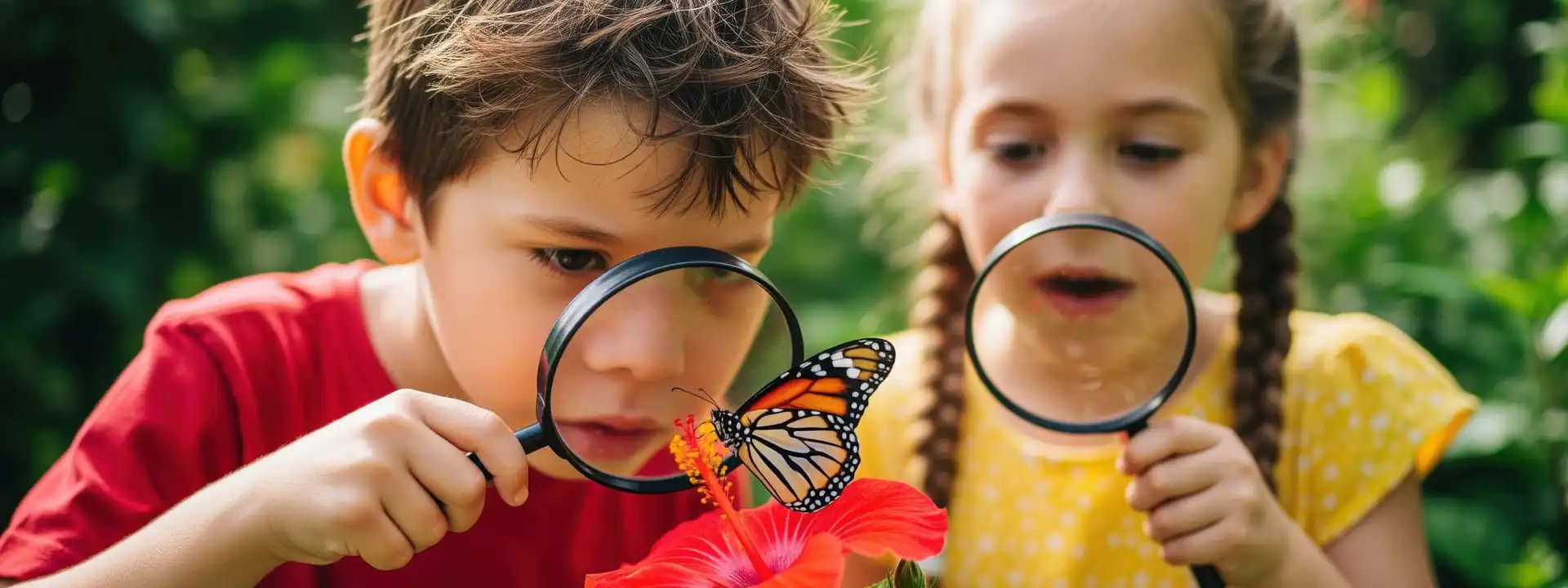 Niños observando una mariposa con lupa en actividad escolar de la Universidad San Sebastián
