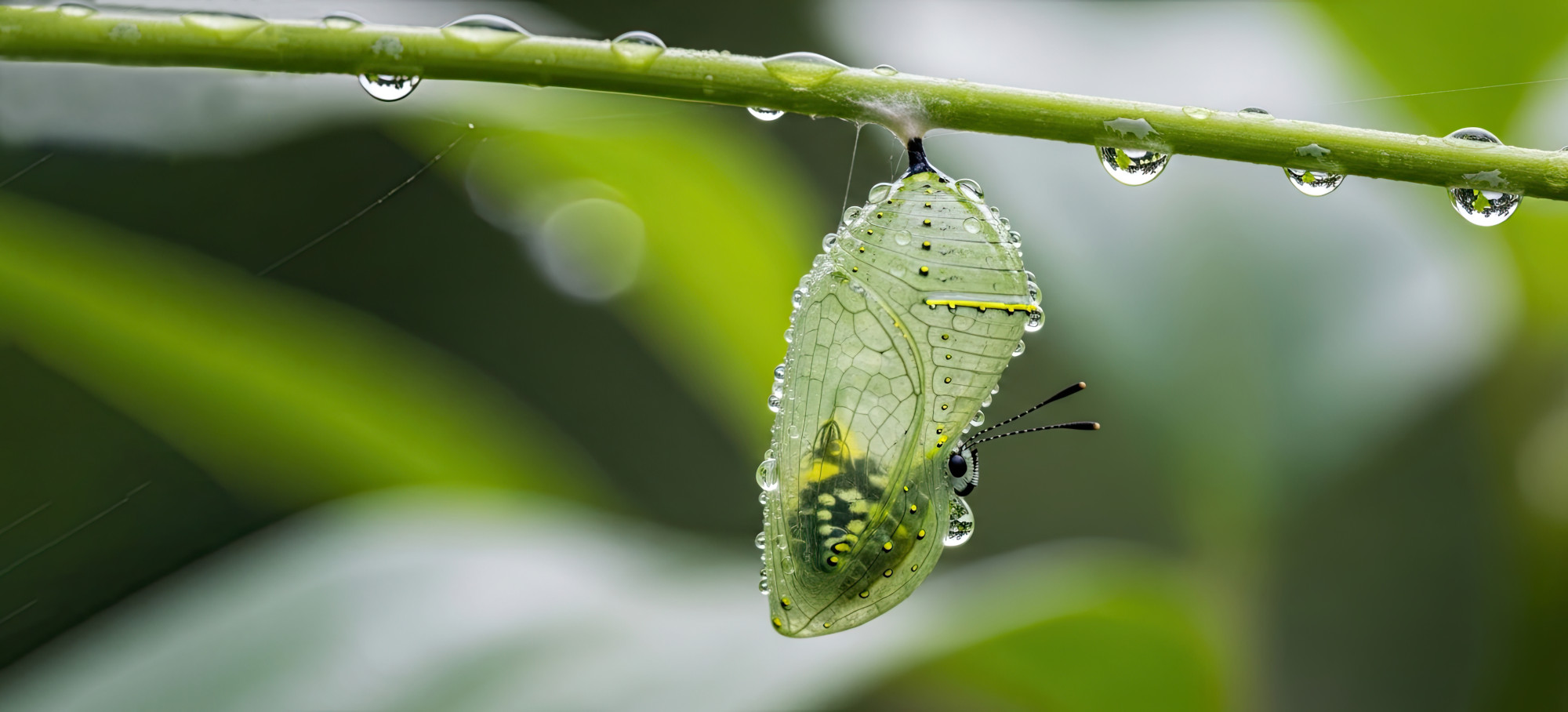 Butterfly chrysalis hanging from a green stem with water droplet